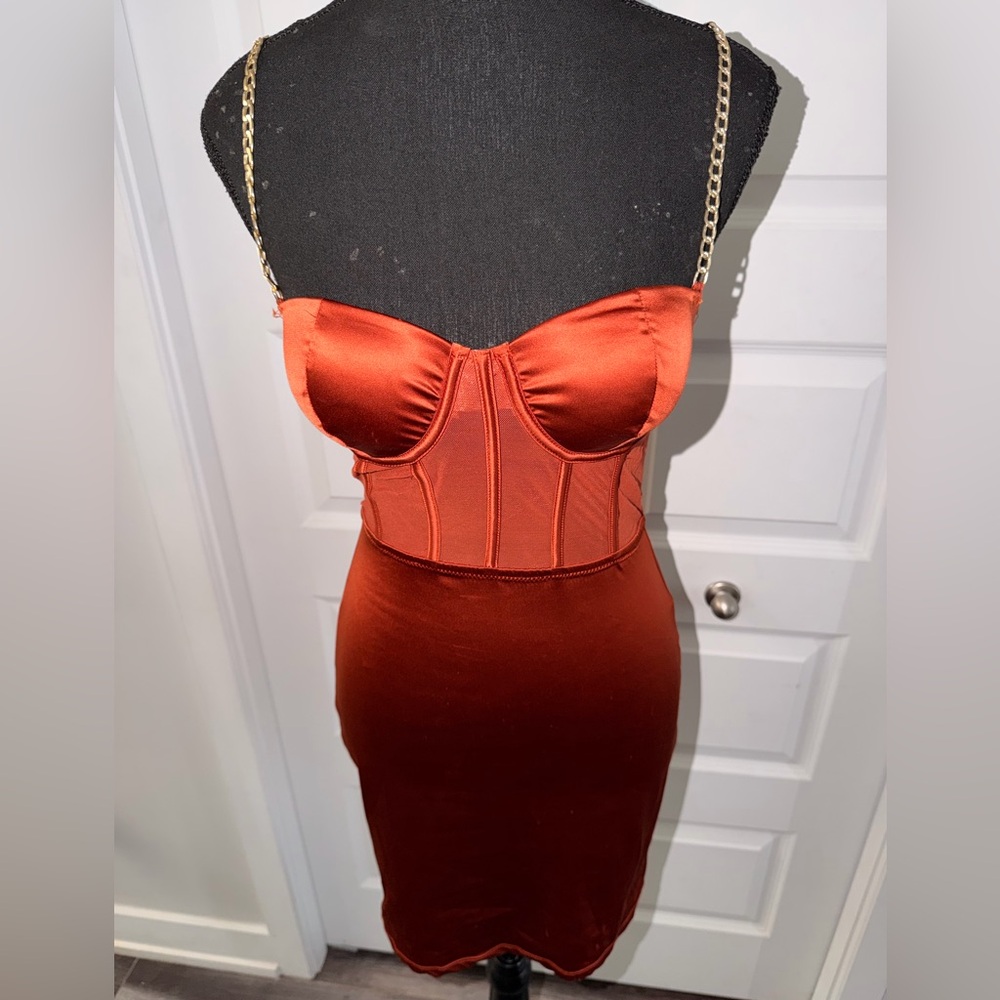 Fashion Nova Copper Satin Corset Midi Dress